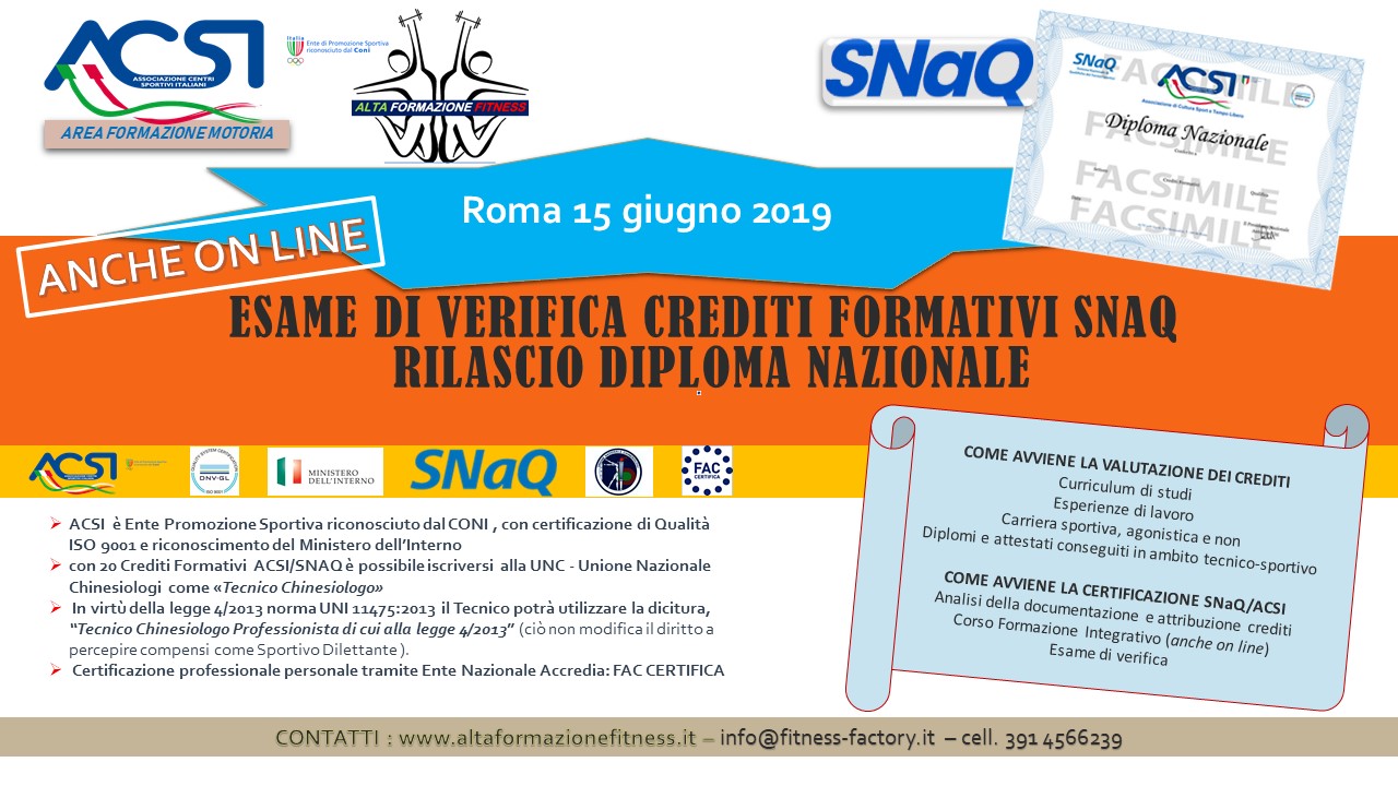 CORSO ED ESAME CERTIFICAZIONE CREDITI FORMATIVI SNAQ - DIPLOMA NAZIONALE