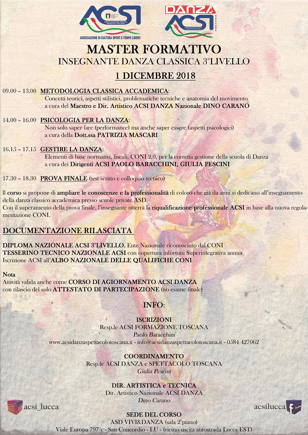 ACSI LUCCA, MASTER FORMATIVO INSEGNANTE DANZA CLASSICA 3°LIVELLO