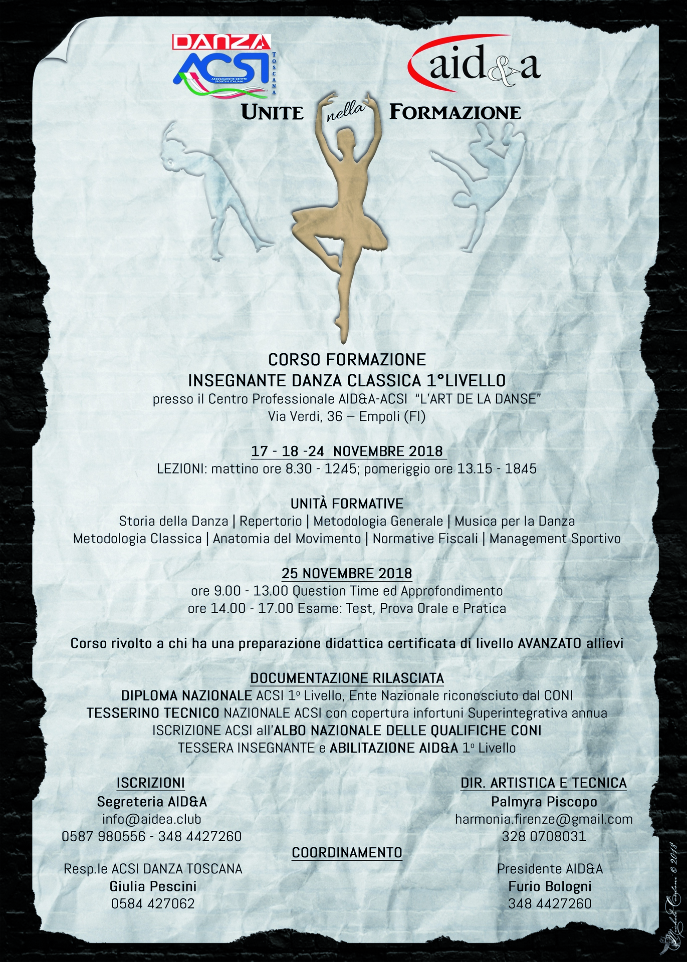 TOSCANA, CORSO DI FORMAZIONE PER INSEGNANTE DANZA CLASSICA DI 1° LIVELLO