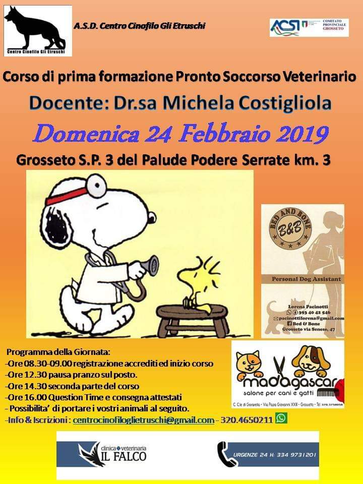 GROSSETO, IL 24 FEBBRAIO "CORSO DI PRIMA FORMAZIONE DI PRONTO SOCCORSO VETERINARIO"